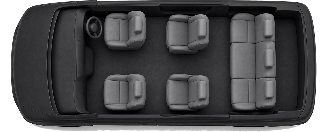 Toyota Alphard cabin seen from above — driver seat, front passenger seat, two captain chairs and a three-seat rear bench. RydAgent sells it as a 4-seater and folds the rear bench flat, so four 28-inch suitcases ride inside the car.